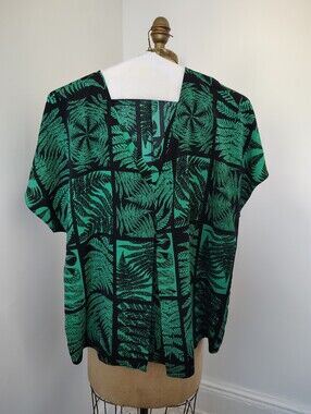 Rafaella Black and Green Fern-Print V-Neck Blouse